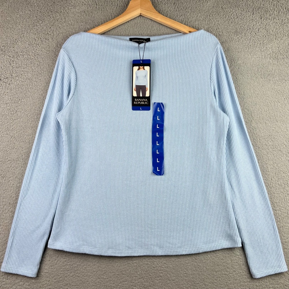 New Banana Republic Womens Ribbed Boat Neck Long Sleeve Top Light Blue Large